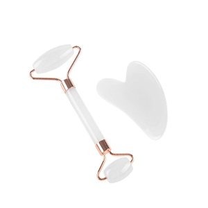 Natural Jade Stone White Crystal Jade Roller & Gua Sha Massage Tool for Face and Body(White)