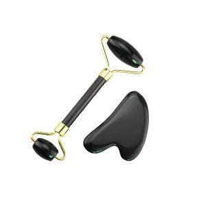 Natural Jade Stone Obsidian Jade Roller & Gua Sha Massage Tool for Face and Body(Black)